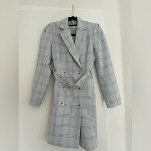 Grey Plaid Button Up Blazer Dress with Belt